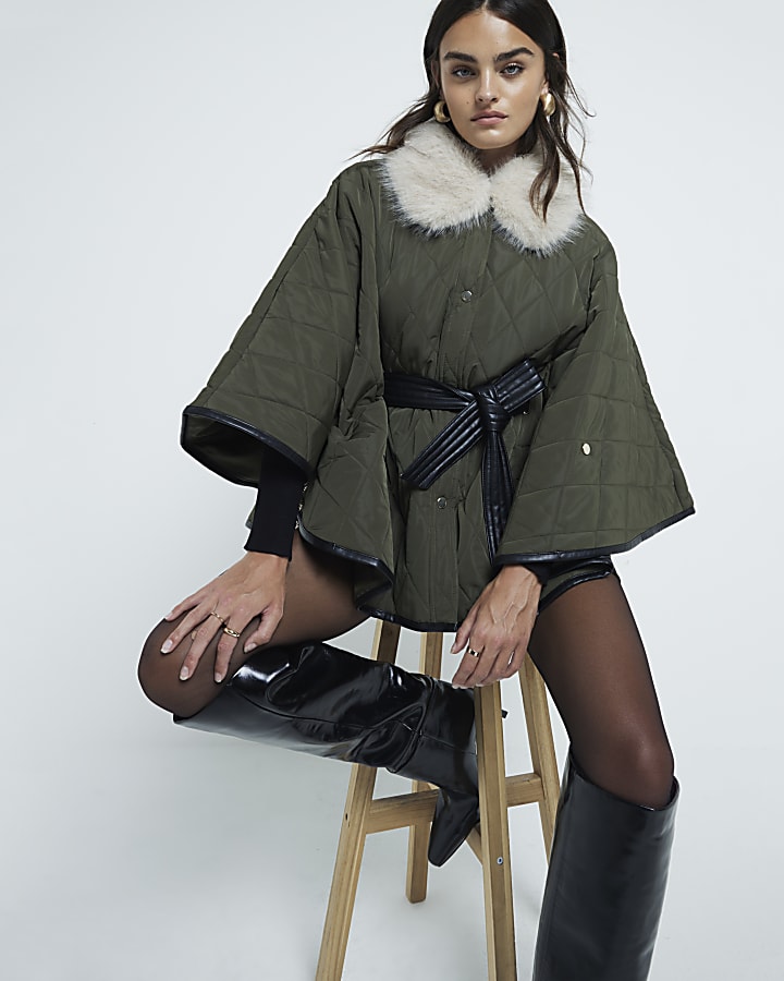 Khaki Quilted Faux Fur Collar Cape Jacket