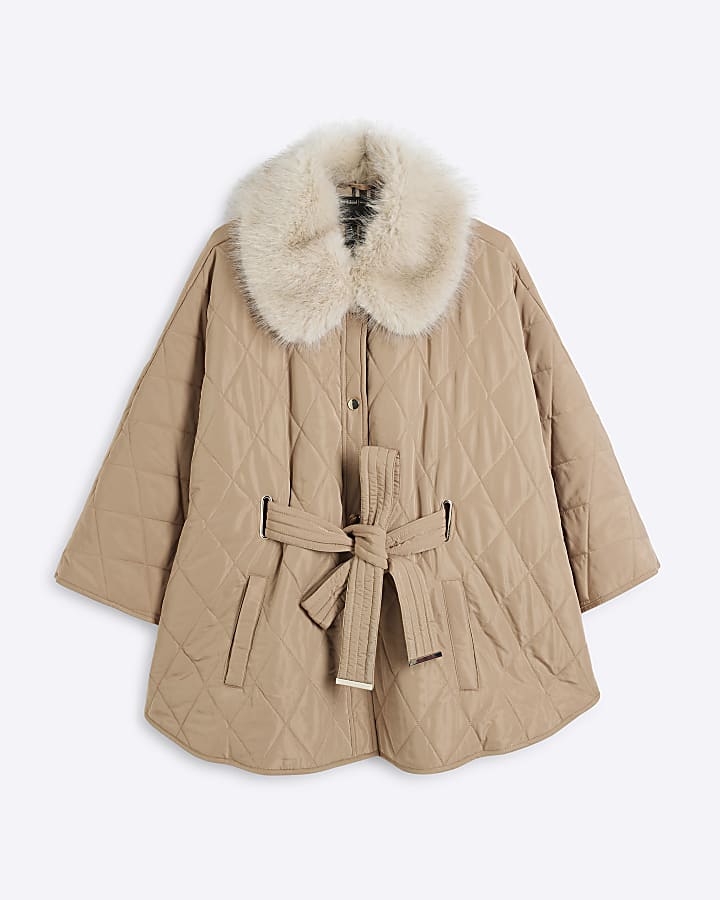 Beige Quilted Faux Fur Collar Cape Jacket