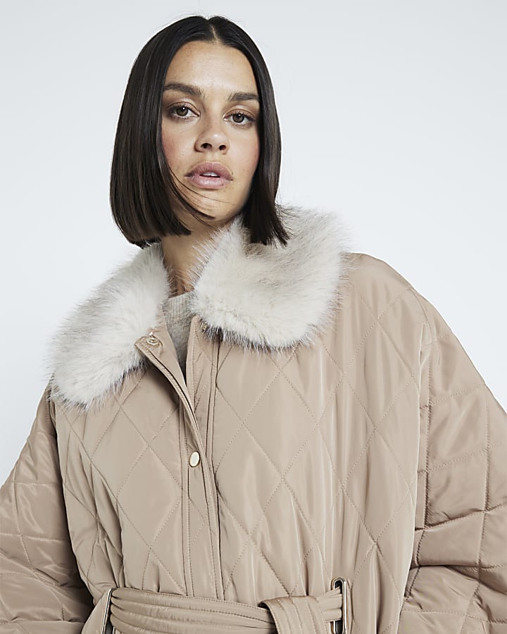 Beige Quilted Faux Fur Collar Cape Jacket