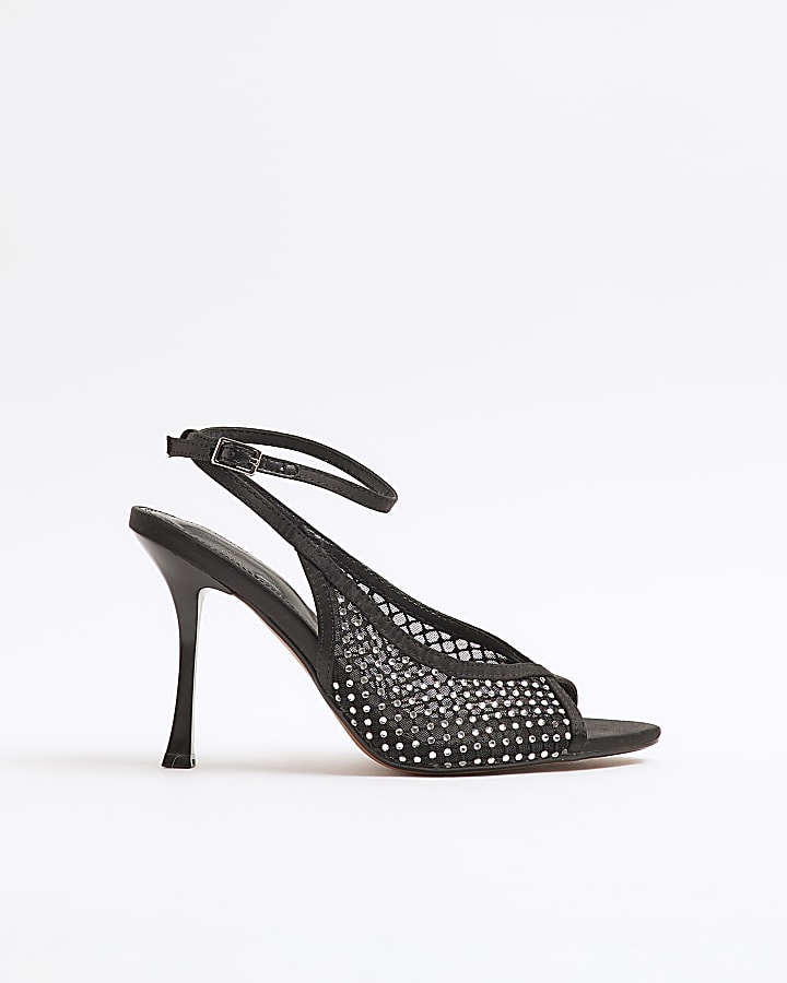 Black Mesh Ankle Strap Heeled Court Shoes