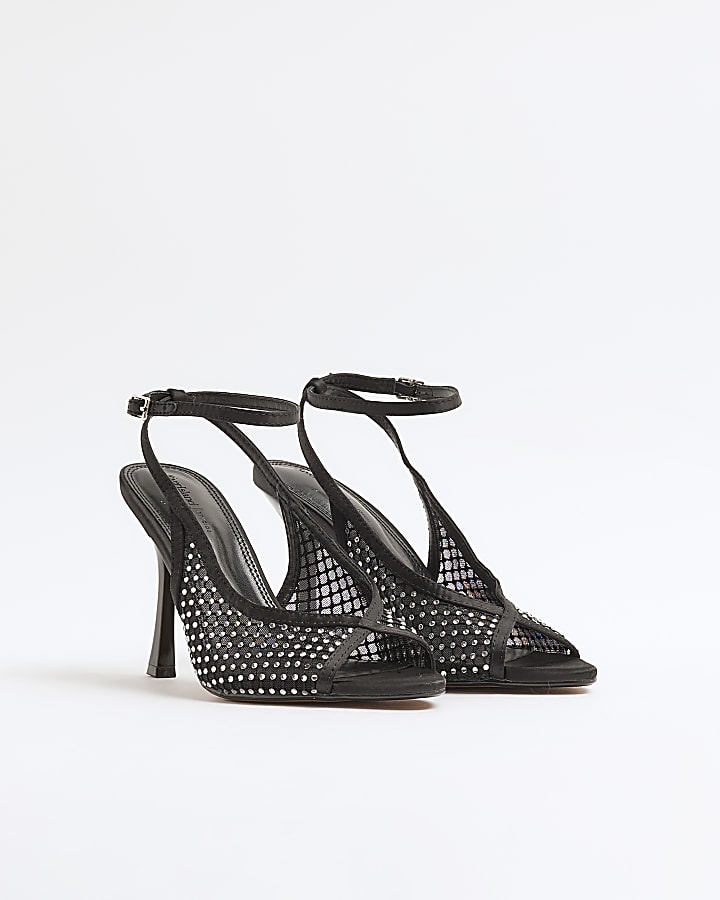 Black Mesh Ankle Strap Heeled Court Shoes