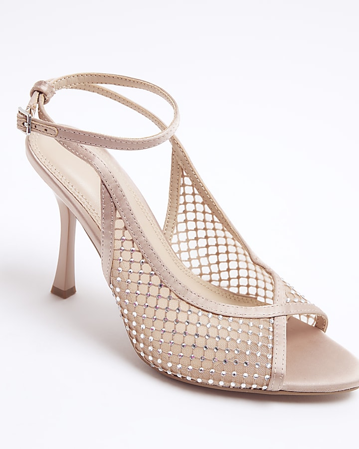 Beige Mesh Ankle Strap Heeled Court Shoes