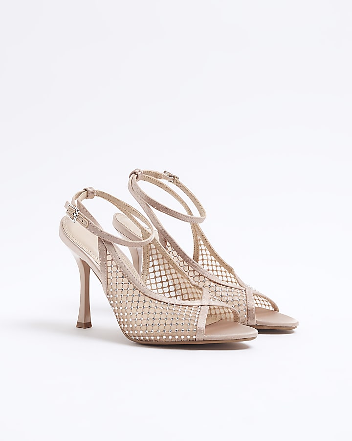 Beige Mesh Ankle Strap Heeled Court Shoes