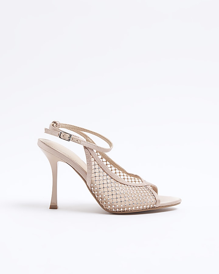 Beige Mesh Ankle Strap Heeled Court Shoes