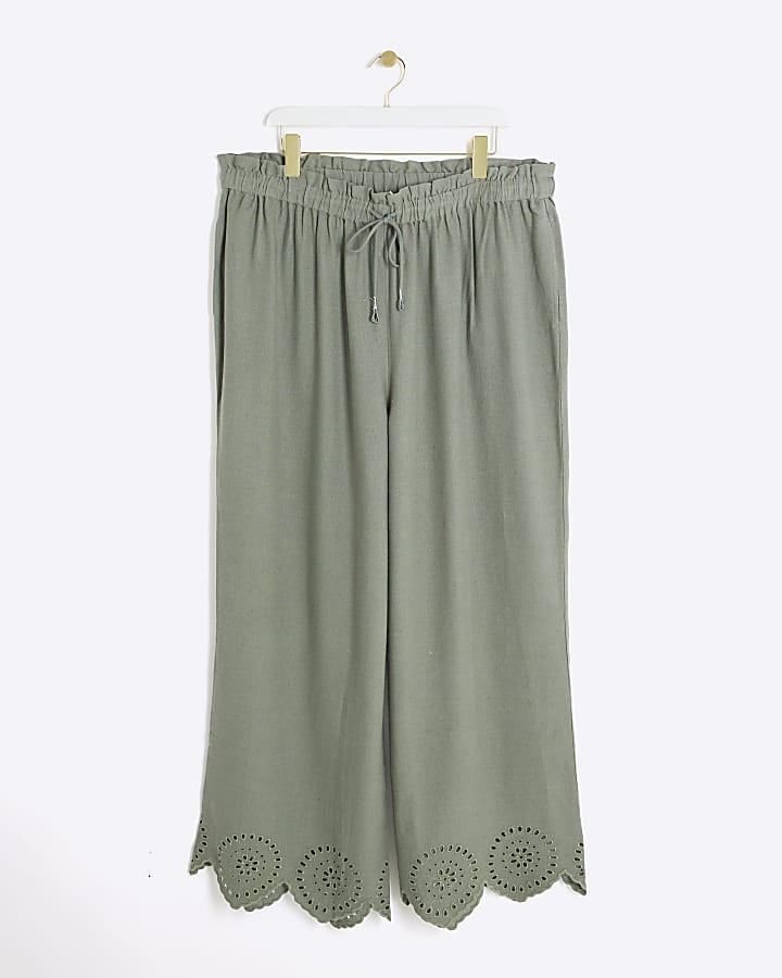 Plus Khaki Linen Blend Broderie Trousers