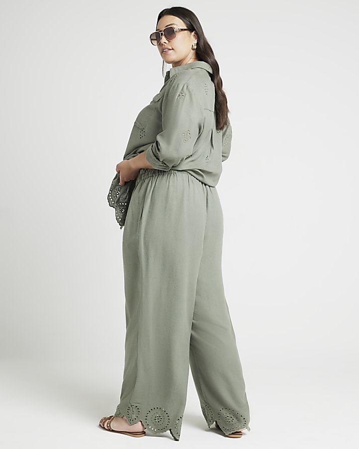 Plus Khaki Linen Blend Broderie Trousers