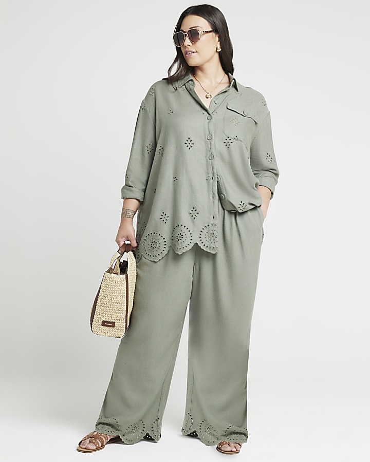 Plus Khaki Linen Blend Broderie Trousers