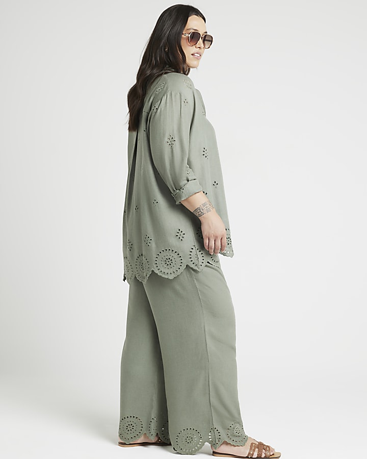 Plus Khaki Linen Blend Broderie Trousers