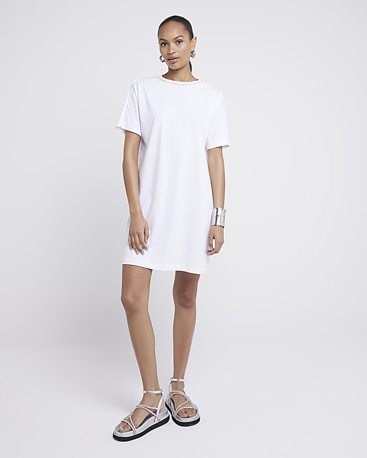 White Diamante Trim T-Shirt Mini Dress