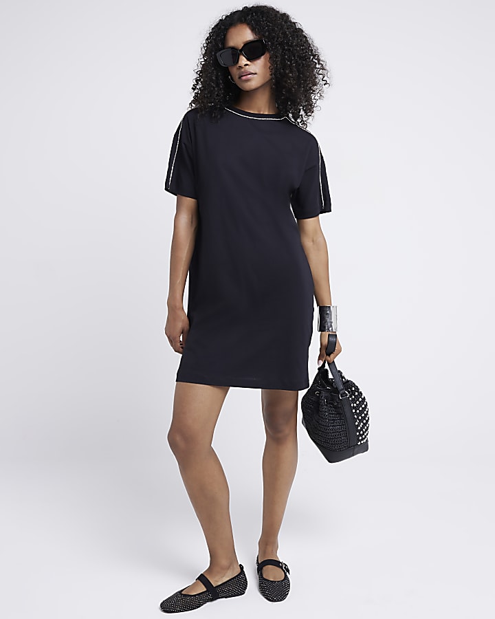 Black Diamante Trim T shirt Mini Dress