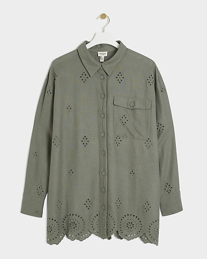 Plus Khaki Linen Blend Broderie Detail Shirt