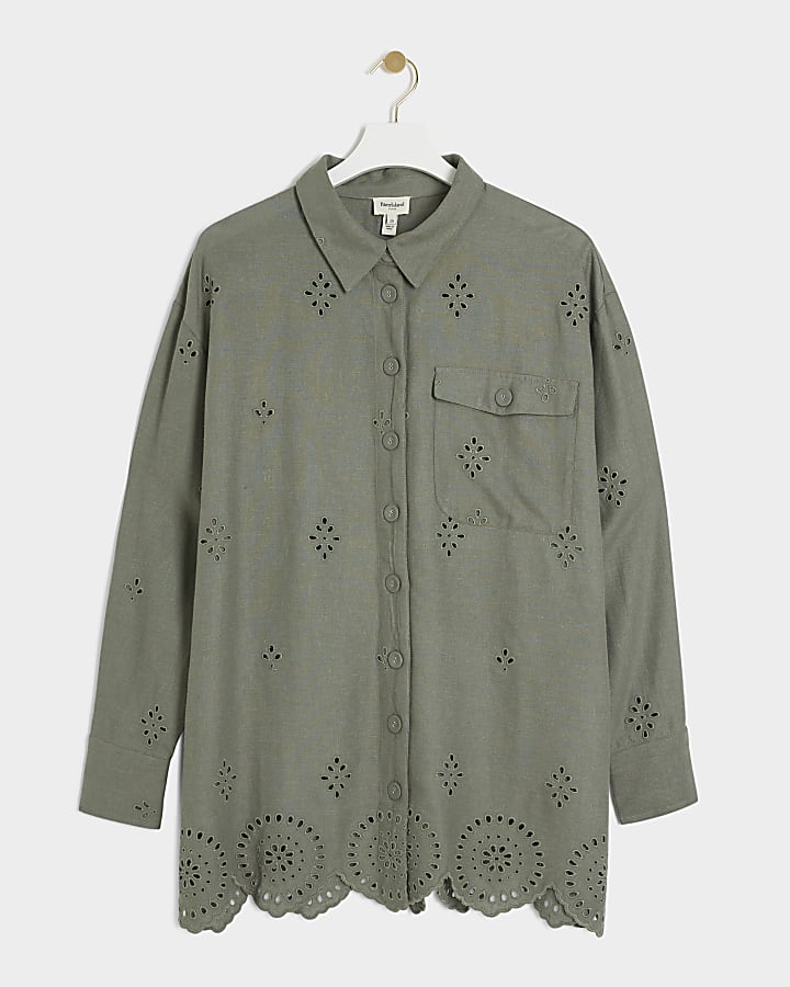 Plus Khaki Linen Blend Broderie Detail Shirt