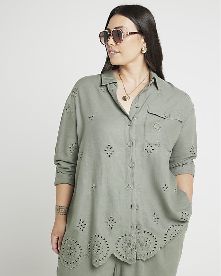 Plus Khaki Linen Blend Broderie Detail Shirt