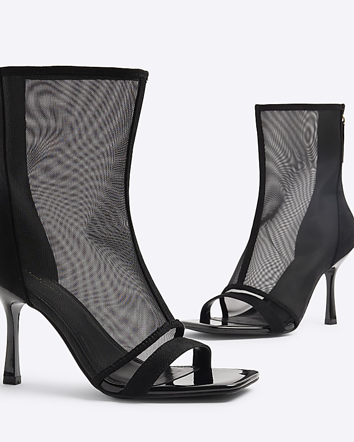 Black Mesh Shoe Boot Heeled Sandals