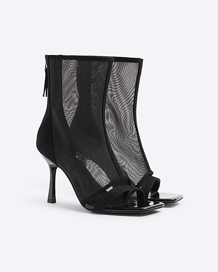 Black Mesh Shoe Boot Heeled Sandals