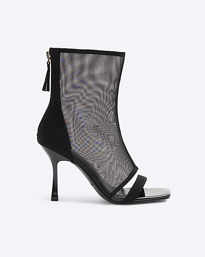 Black Mesh Shoe Boot Heeled Sandals