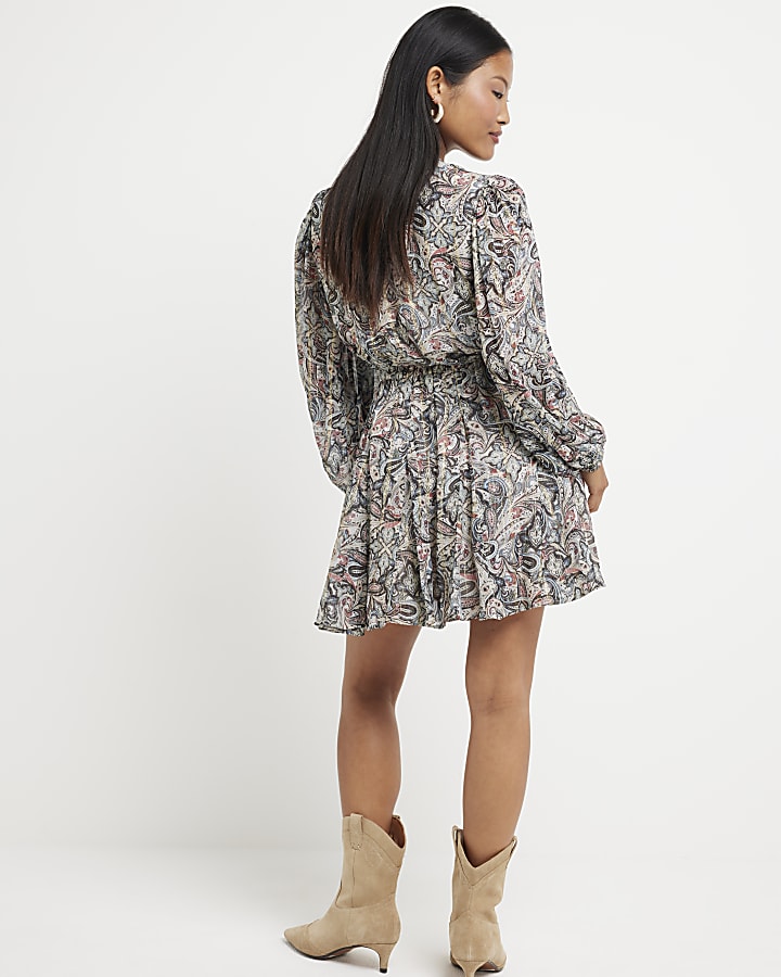 Petite Beige paisley print smock mini dress