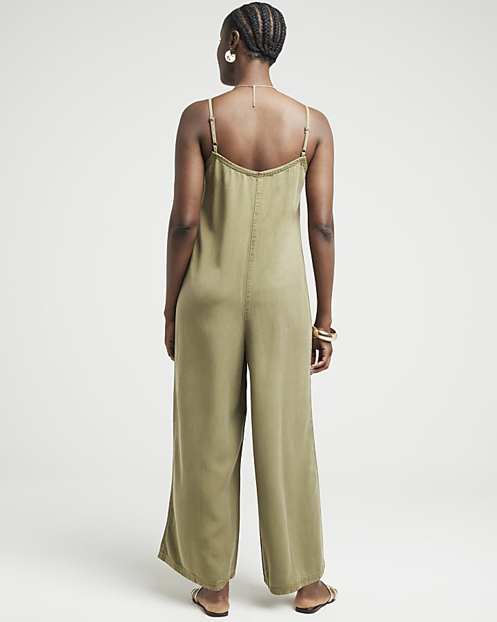 Khaki button up cami jumpsuit