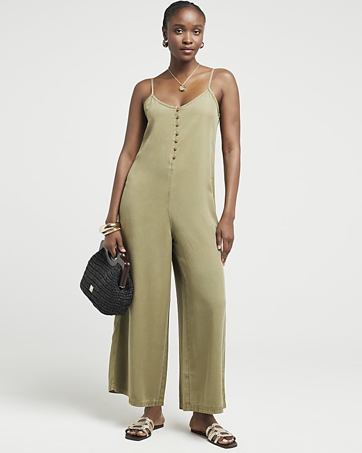 Khaki button up cami jumpsuit