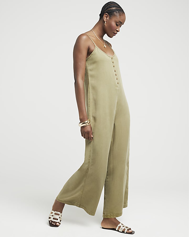 Khaki button up cami jumpsuit