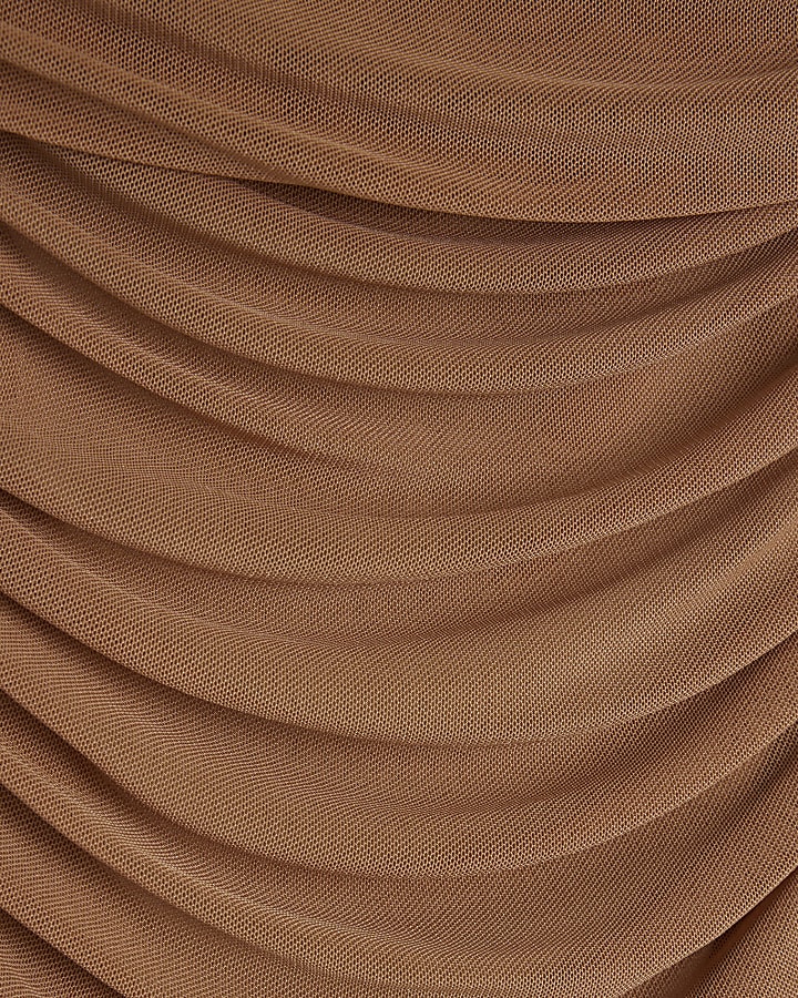 Brown mesh ruched bardot top