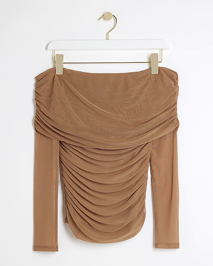Brown mesh ruched bardot top
