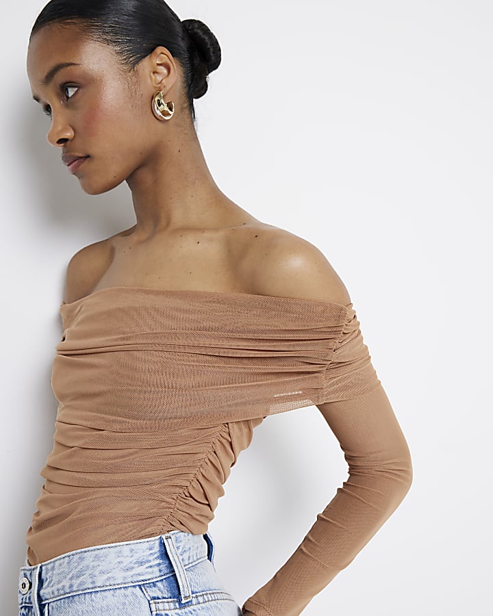 Brown mesh ruched bardot top