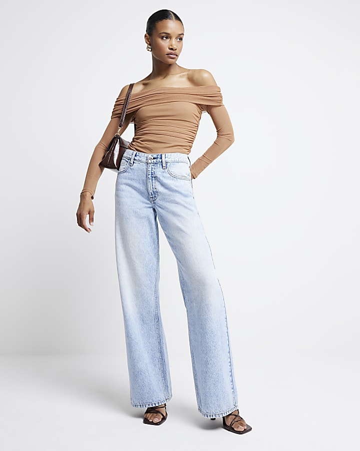 Brown mesh ruched bardot top