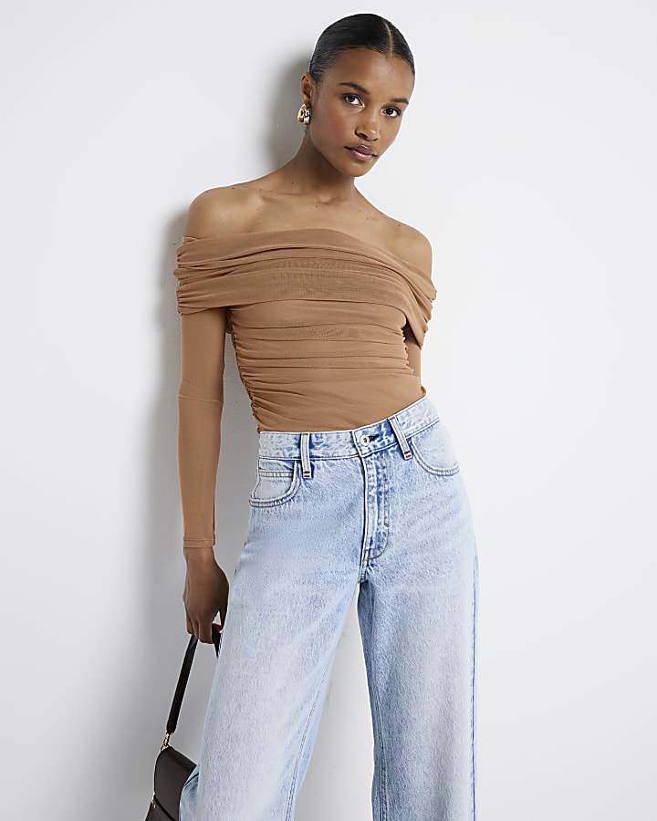 Brown mesh ruched bardot top