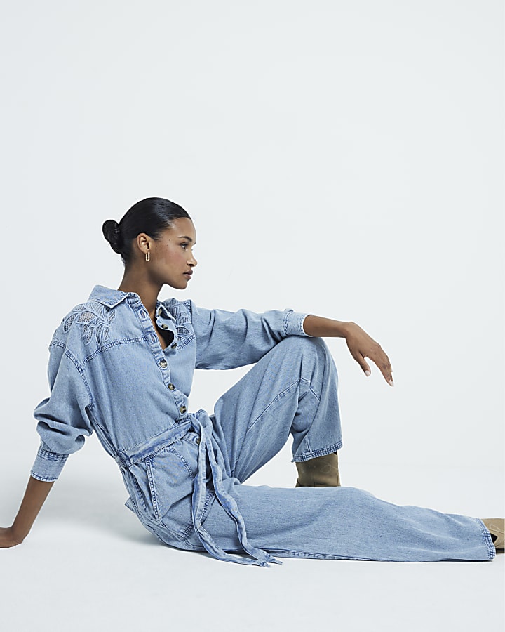 Blue Denim Cutwork Jumpsuit