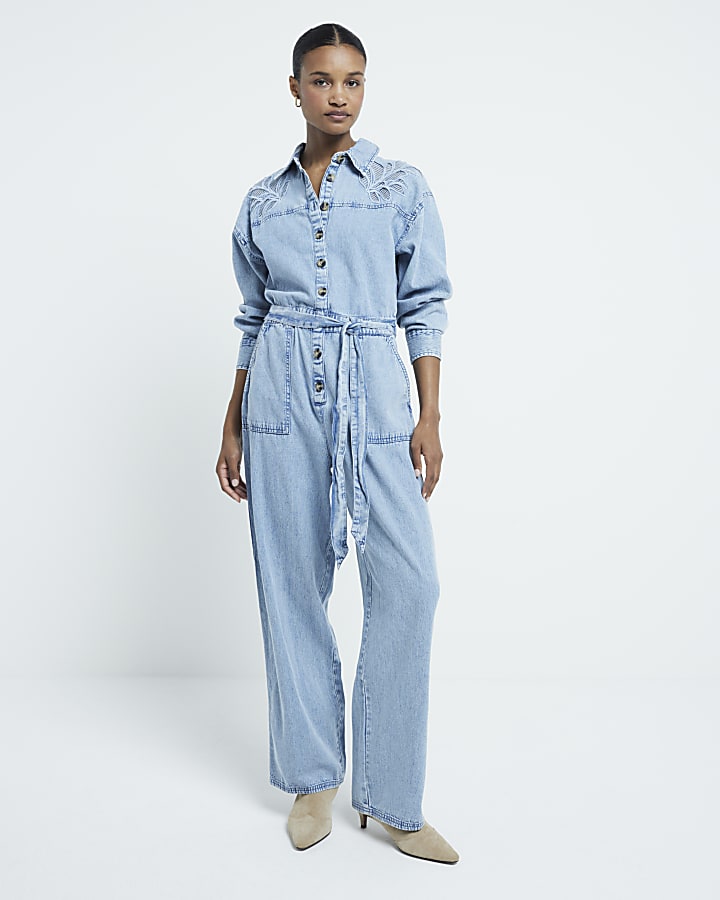 Blue Denim Cutwork Jumpsuit