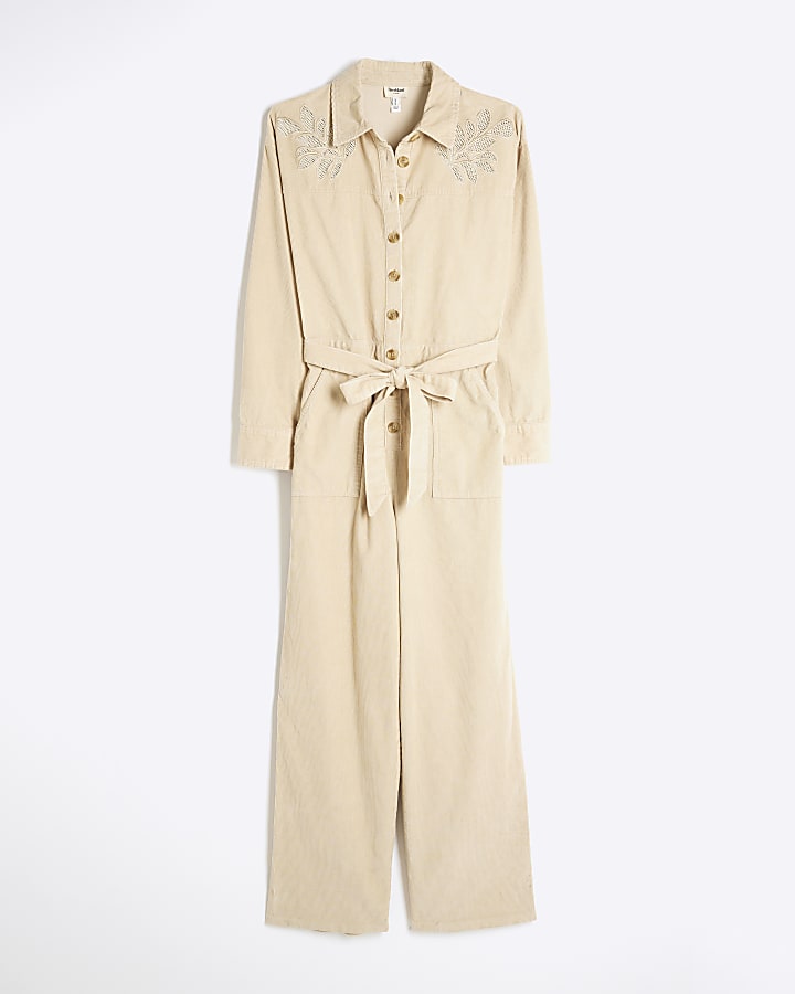 Beige Corduroy Cutwork Jumpsuit