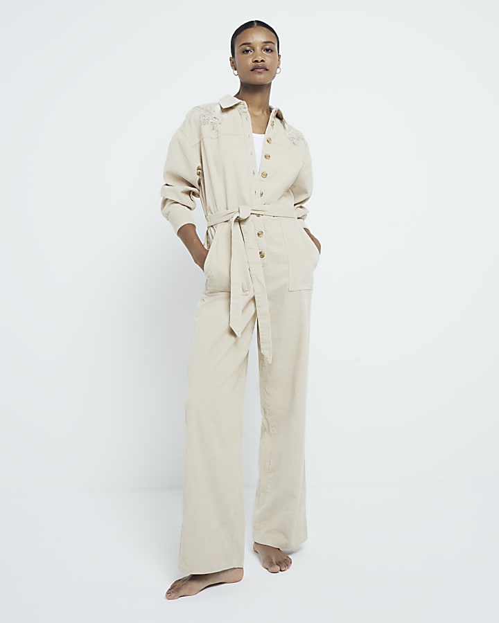 Beige Corduroy Cutwork Jumpsuit