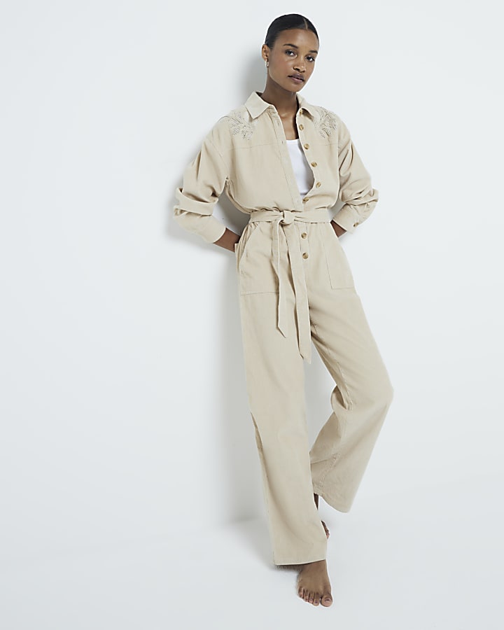 Beige Corduroy Cutwork Jumpsuit