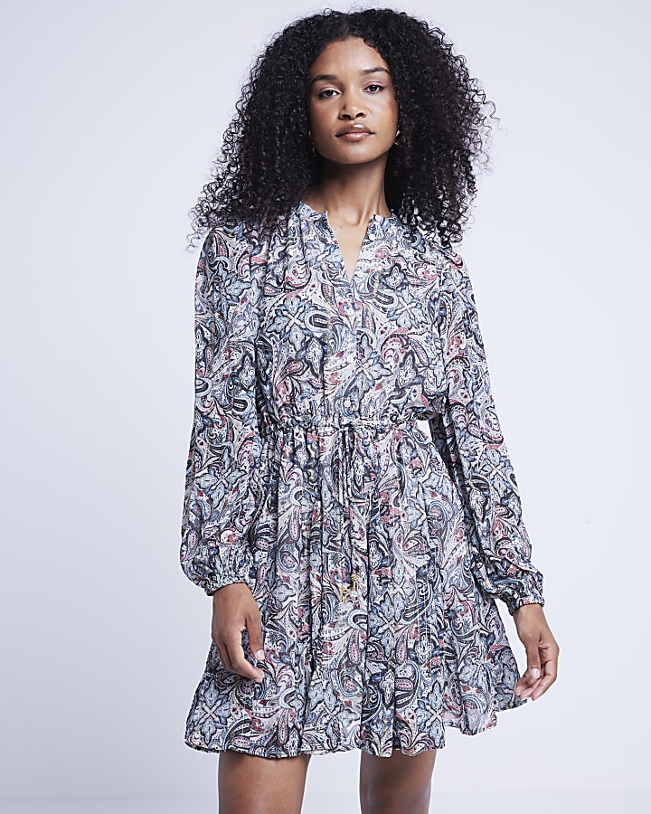 Beige paisley print smock mini dress