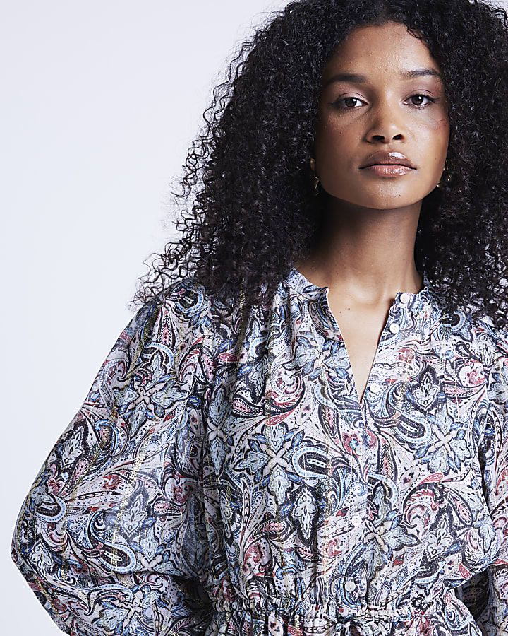 Beige paisley print smock mini dress
