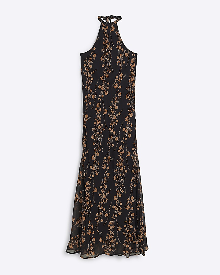 Black floral bodycon halter neck maxi dress