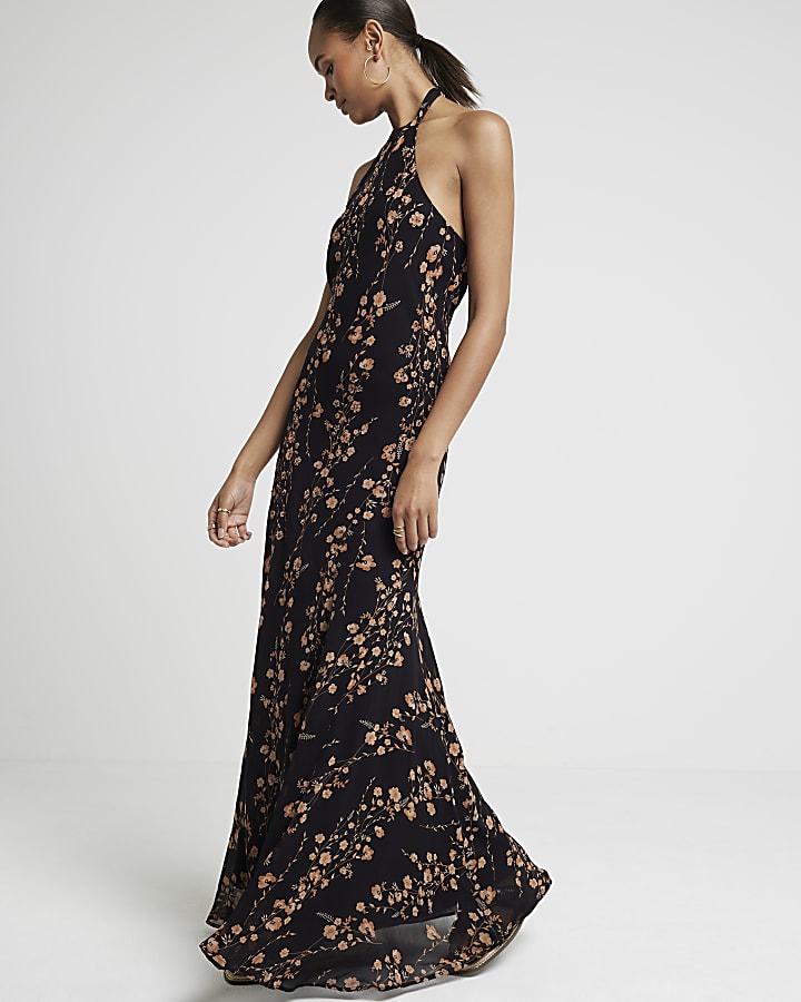 Black floral bodycon halter neck maxi dress