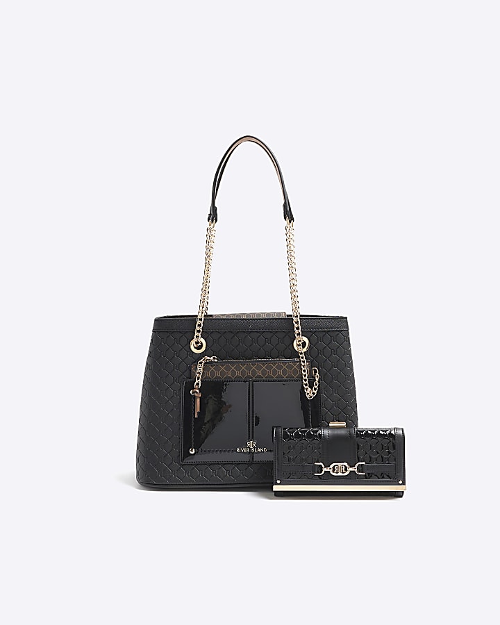 Black embossed monogram tote bag and purse River Island
