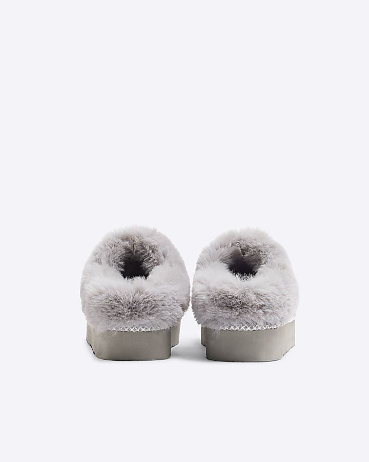 Grey Faux Fur Platform Slippers