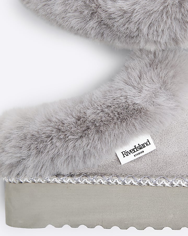 Grey Faux Fur Platform Slippers