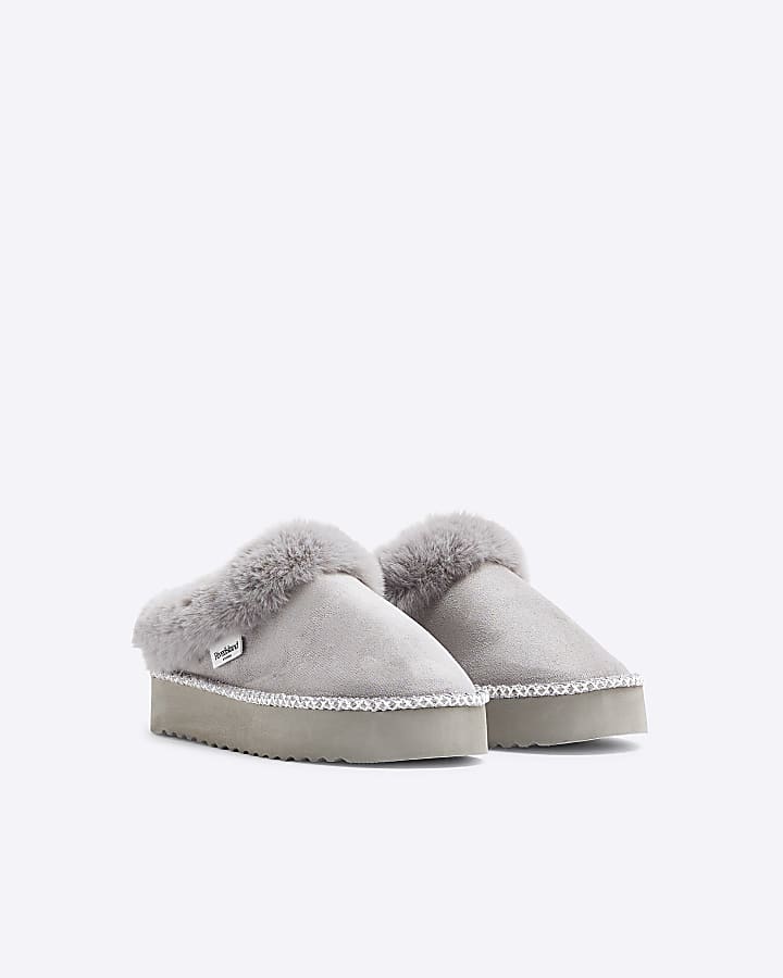 Grey Faux Fur Platform Slippers