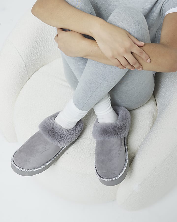 Grey Faux Fur Platform Slippers