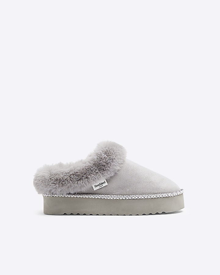 Grey Faux Fur Platform Slippers