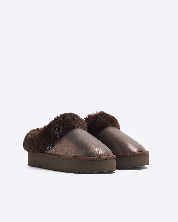 Bronze Faux Fur Platform Cuffed Slippers