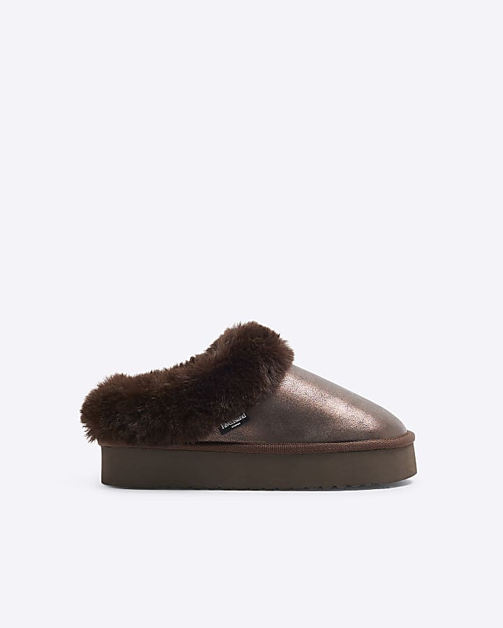 Bronze Faux Fur Platform Cuffed Slippers