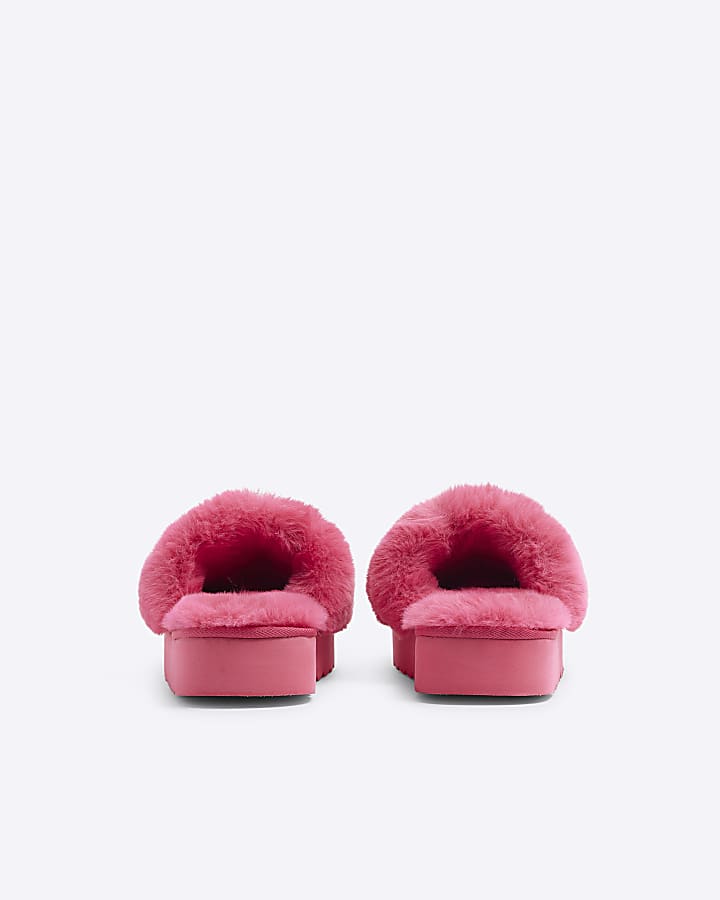 Pink faux fur open toe platform slippers