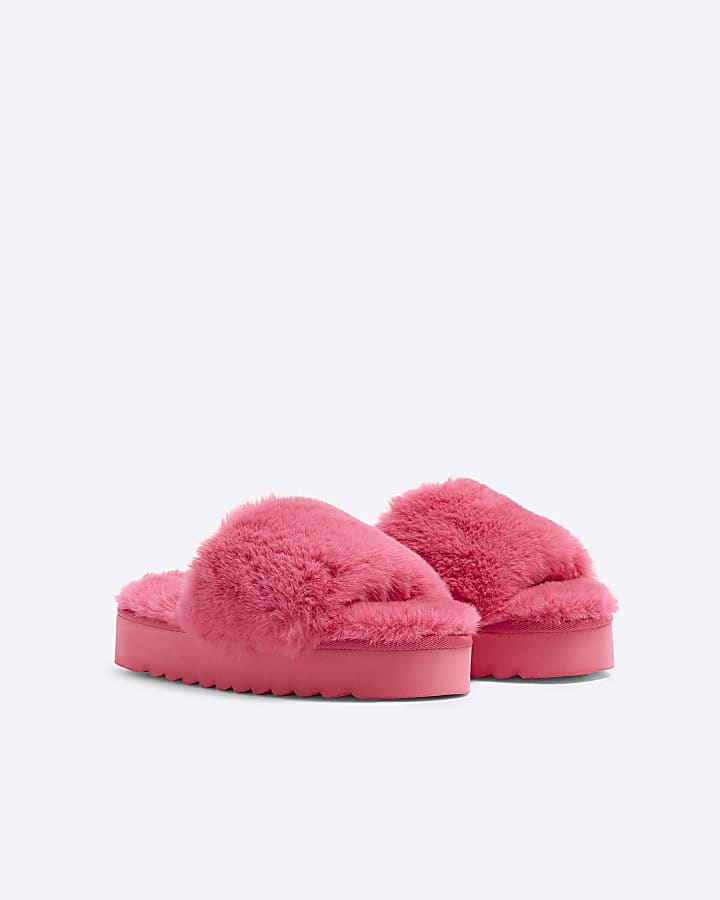 Pink faux fur open toe platform slippers