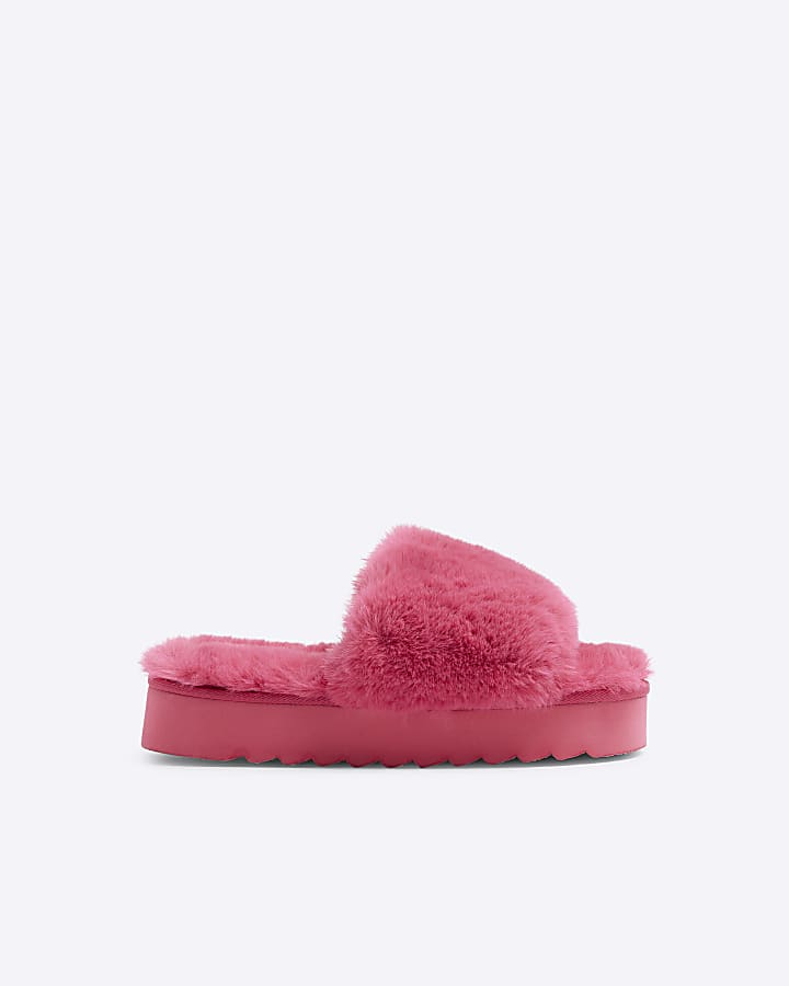 Pink faux fur open toe platform slippers