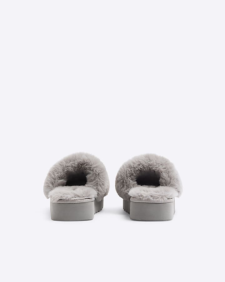 Grey faux fur open toe platform slippers